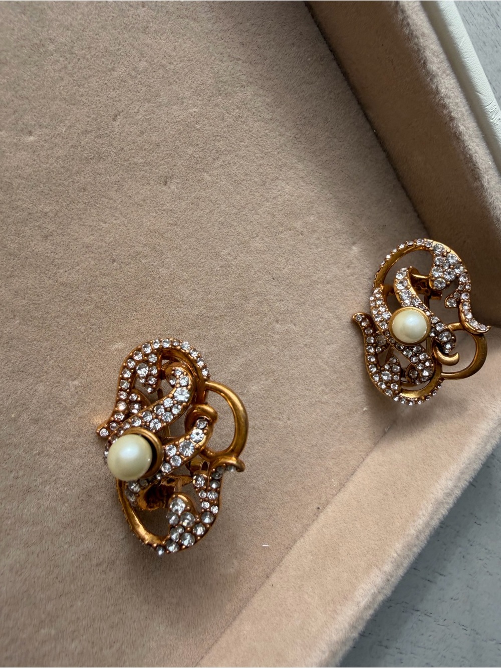 925 silver posts Vintage-Inspired Gold Pearl & Crystal Clip Earrings
